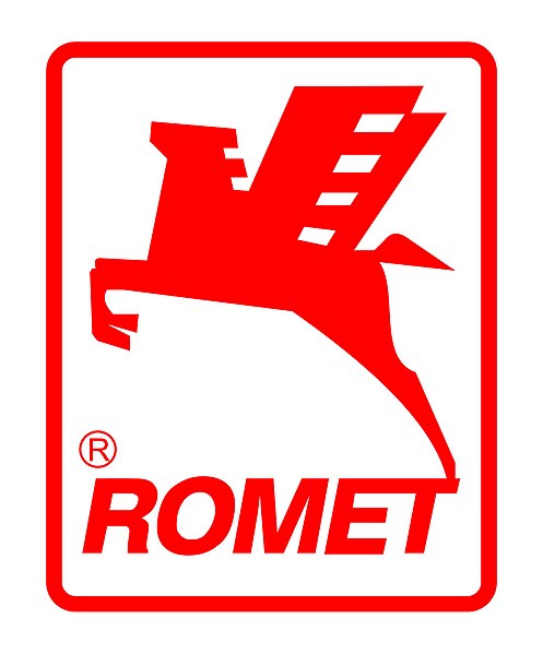 Logo firmy romet - sylwetka skrzydlatego konia, a pod spodem napis ROMET